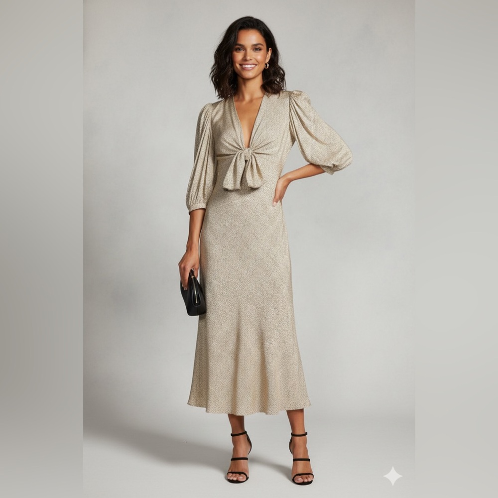 NWOT SACHIN + BABI Faris Midi Dress Balloon Puff Sleeve, Cream Dot Bow Tie sz 2